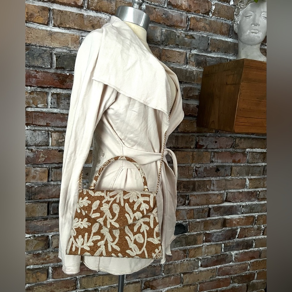 NWOT Haute Hippie Tan Cork White Embroidered Shoulder Envelope Bag